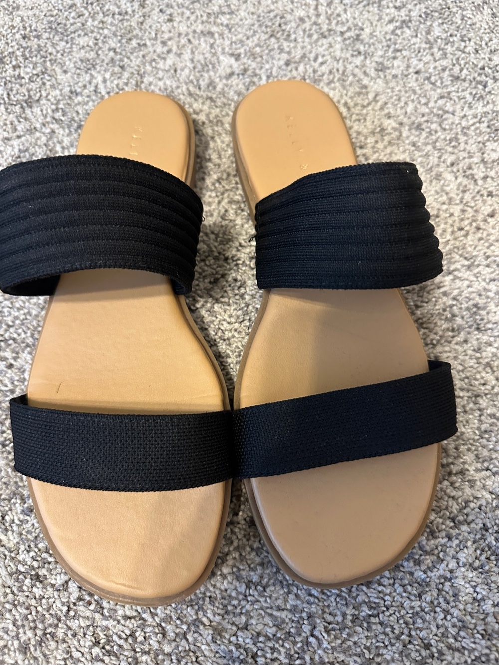 Kelly & Katie Black Double-Band Slide Sandals with Tan Footbed